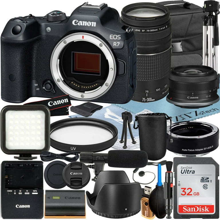 Canon EOS R7 Mirrorless Camera with RF-S 18-45mm + EF 75-300mm Lens + Mount  Adapter + SanDisk 32GB Memory Card + Case + LED Flash + ZeeTech Accessory  Bundle 