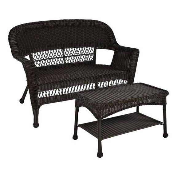 Pemberly Row Wicker Espresso Patio Love Seat & Coffee Table Set without Cushion