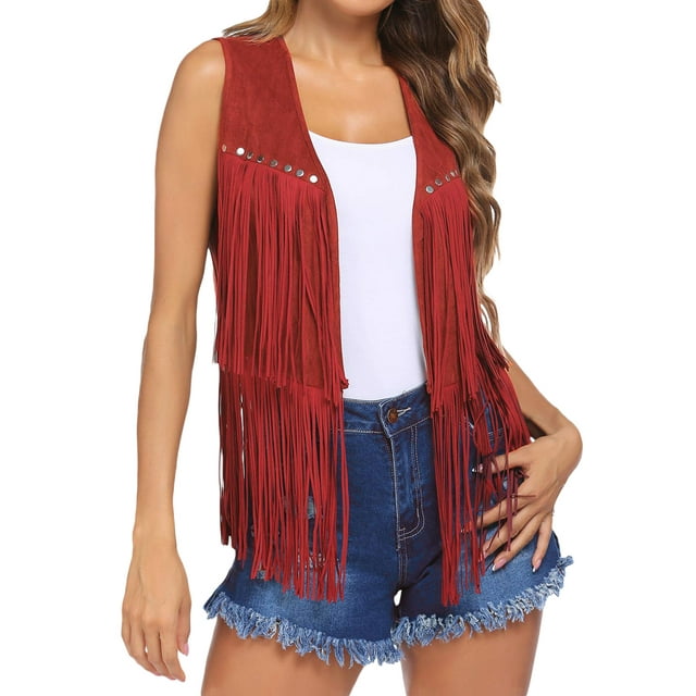 Faithtur Gilet Hippie pour Femmes Léger Couleur Unie Ouvert devant Sans Manches avec Franges pour Vêtements de Rue