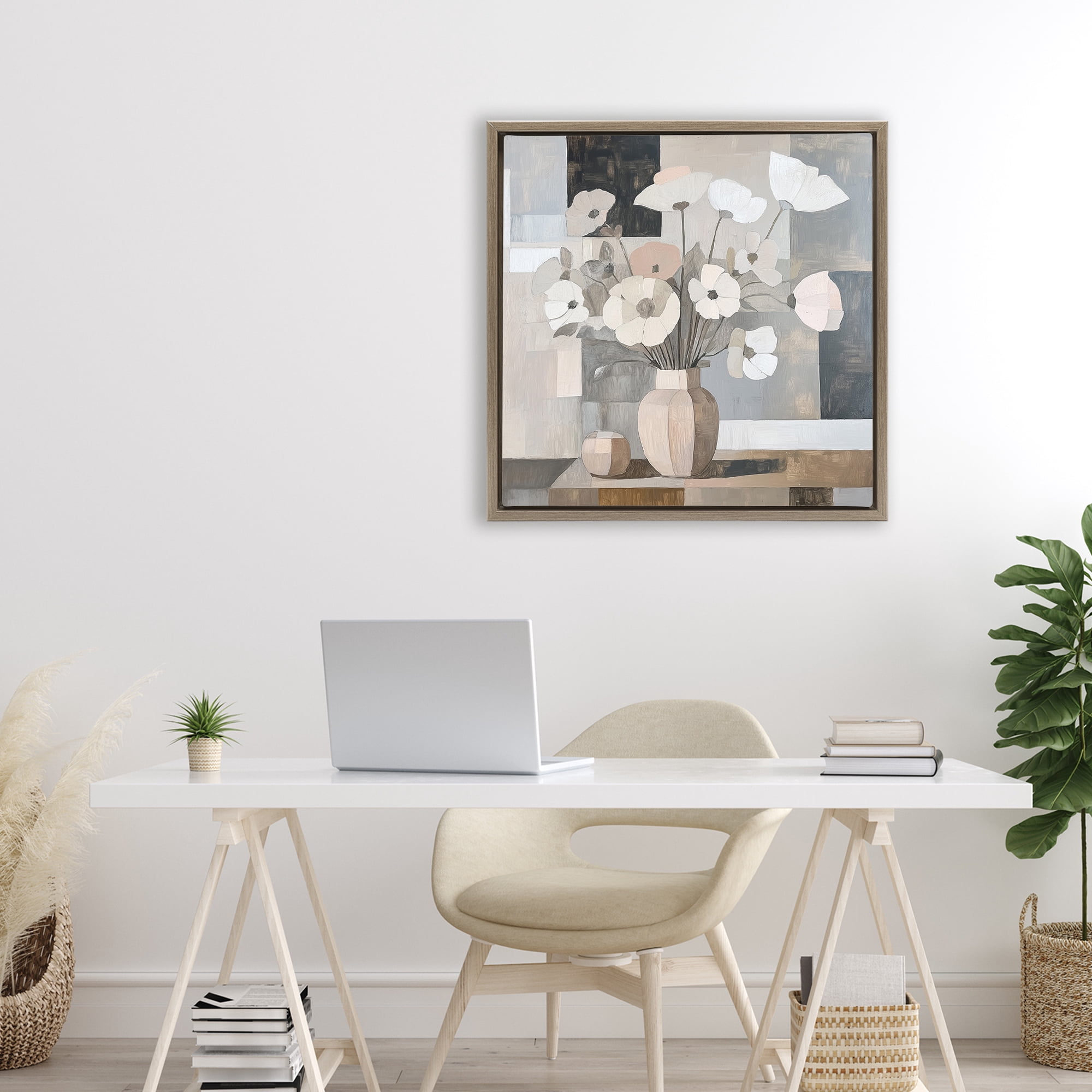 Stupell Industries Muted Pastel Poppies in Cubism Brown Framed Floater Canvas Wall Art, design by Heidi Kuntz