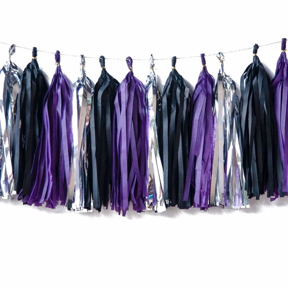 Tassel Garland & Banner - Black, Purple & Silver Tissue Tassels - 15 PCS Party Decor DIY Kit