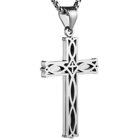Cross Necklace for Men,Stainless Steel Black Gold Silver Jesus Christ Crucifix Pendant Necklaces Meaningful Religious Jewelry,60cm Rolo Chain
