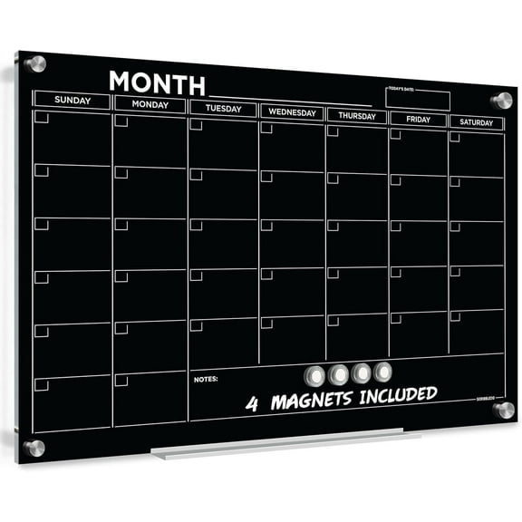 Black 24”x36” Magnetic Glass Whiteboard Calendar Planner White Board Calendar Dry Erase Board Dry Erase Calendar for Wall Monthly Glass Calendar Whiteboard Home Office Large Wall Calendar