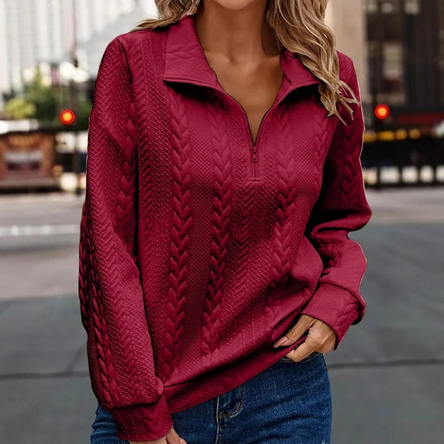 Heisall Womens Sweatshirts Long Sleeve V Neck Zip Up Solid Color Embossed Casual Knit Pullover