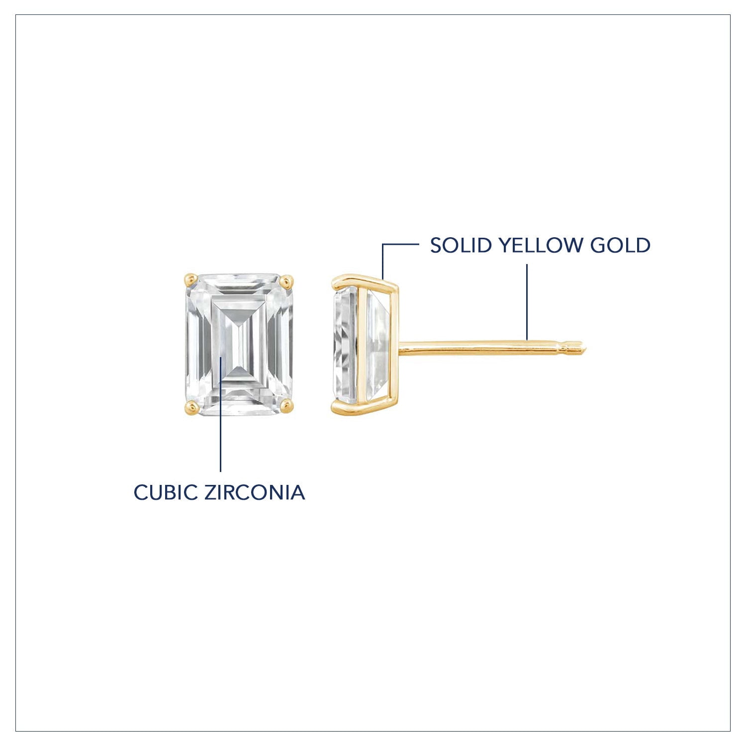 DIAMONBLISS 10K Real Solid Gold Stud Earrings for Women | 10K Yellow Gold Emerald Cut Solitaire Studs | 3 carat Cubic Zirconia CZ Diamond Simulant
