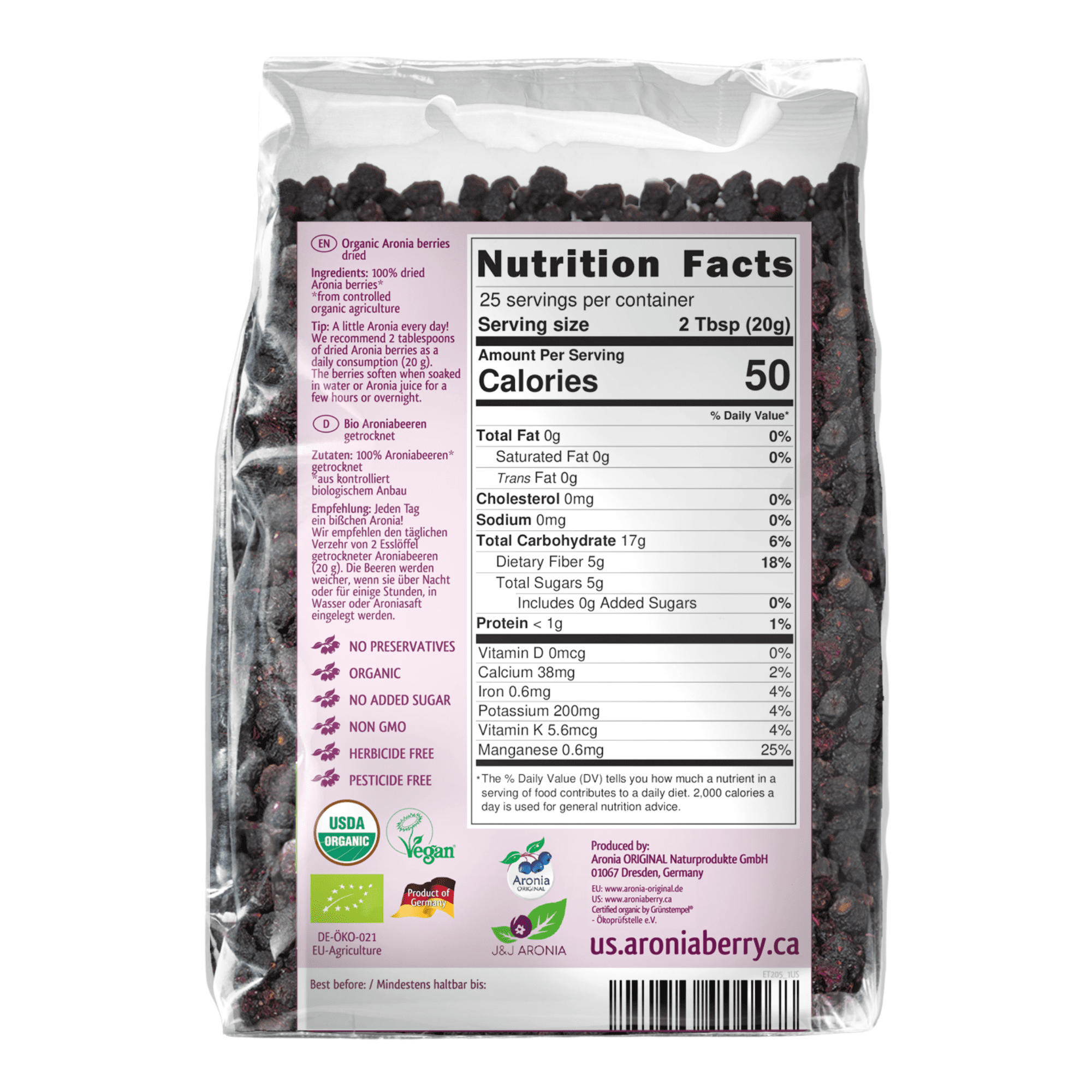 Aronia Original Organic Dried Aronia Berries 17.6 oz (500 g) - Unsweetened Black Chokeberries, Gently Dried After Harvest - Vegan, Non-GMO, No Sulfites or Additives