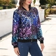 thumbnail image 4 of Women's Sequin Jacket Sparkle Long Sleeve Front Zip Casual Blazer Bomber Jacket With Pockets- Medium, Midnight, 4 of 6