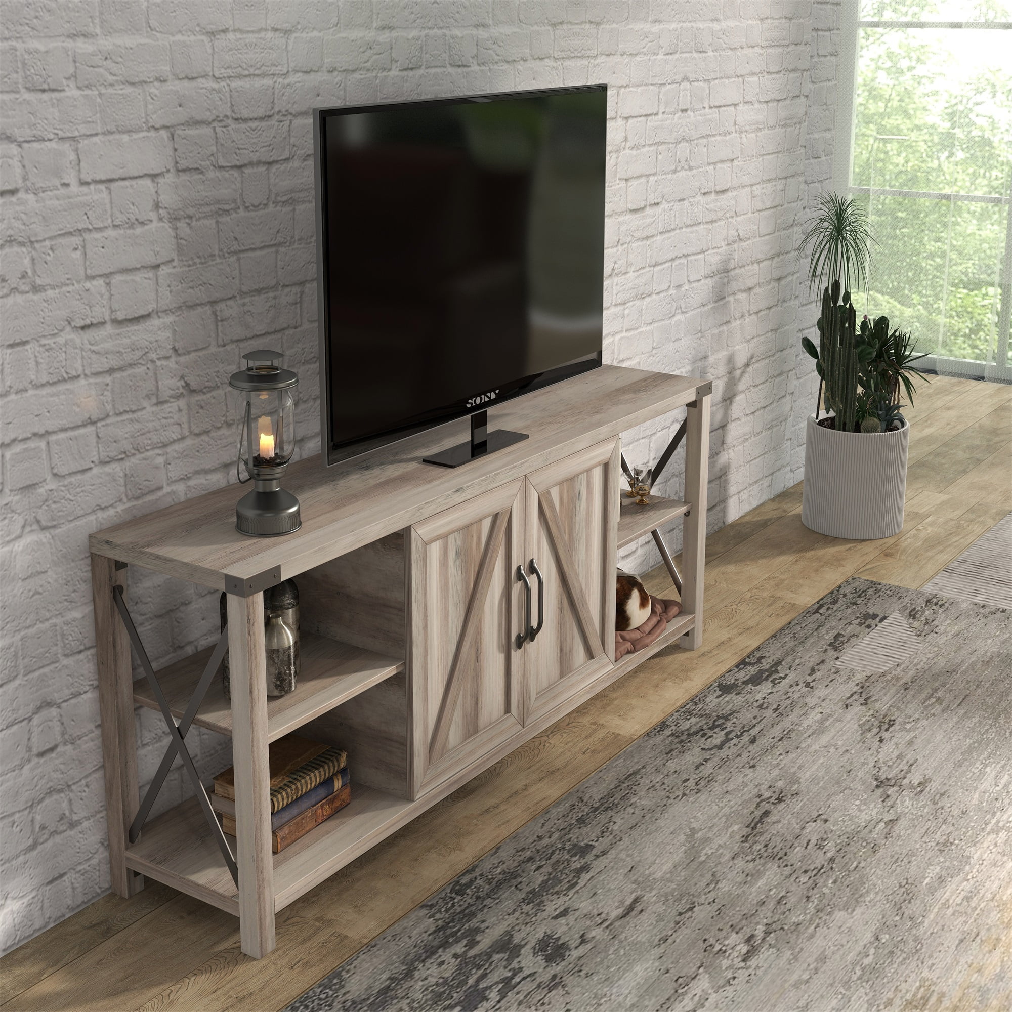 Kadyn Modern TV stand with LED Lights and Storage, TV Console for Up to 80 inch, Entertainment Center, Natural Wood Wash