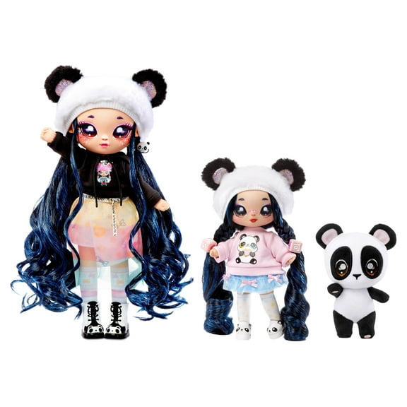 Na Na Na Surprise Family Soft Doll Set with 2 Fashion Dolls and 1 Pet – Panda Family, Features 12 Accessories, Long Hair Dolls in Removable Fashions and Accessories with Adorable Plush Pet Panda