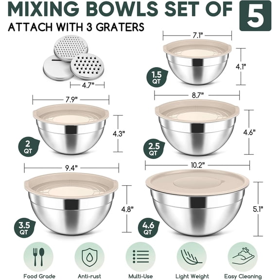 YUYAN-5-Piece Mixing Bowls with Lids, 3 Grater Attachments, Stainless Steel Salad Bowls for Kitchen, Size 4.6, 3.5, 2.5, 2, 1.5QT Ideal for Baking, Prepping, Mixing and Serving, Khaki