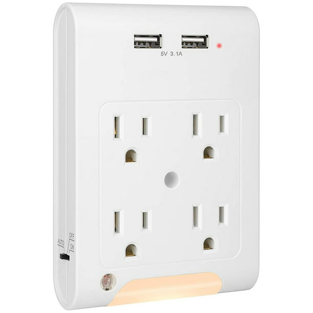Multi Adapter With 2 Usb Charging Ports 3 1a Total Light Sensor Led Night 4 S Wall Plug Extender For Travel Home 1080 Joules Surge Protector Etl Listed White Com - Wall Receptacle Night Light