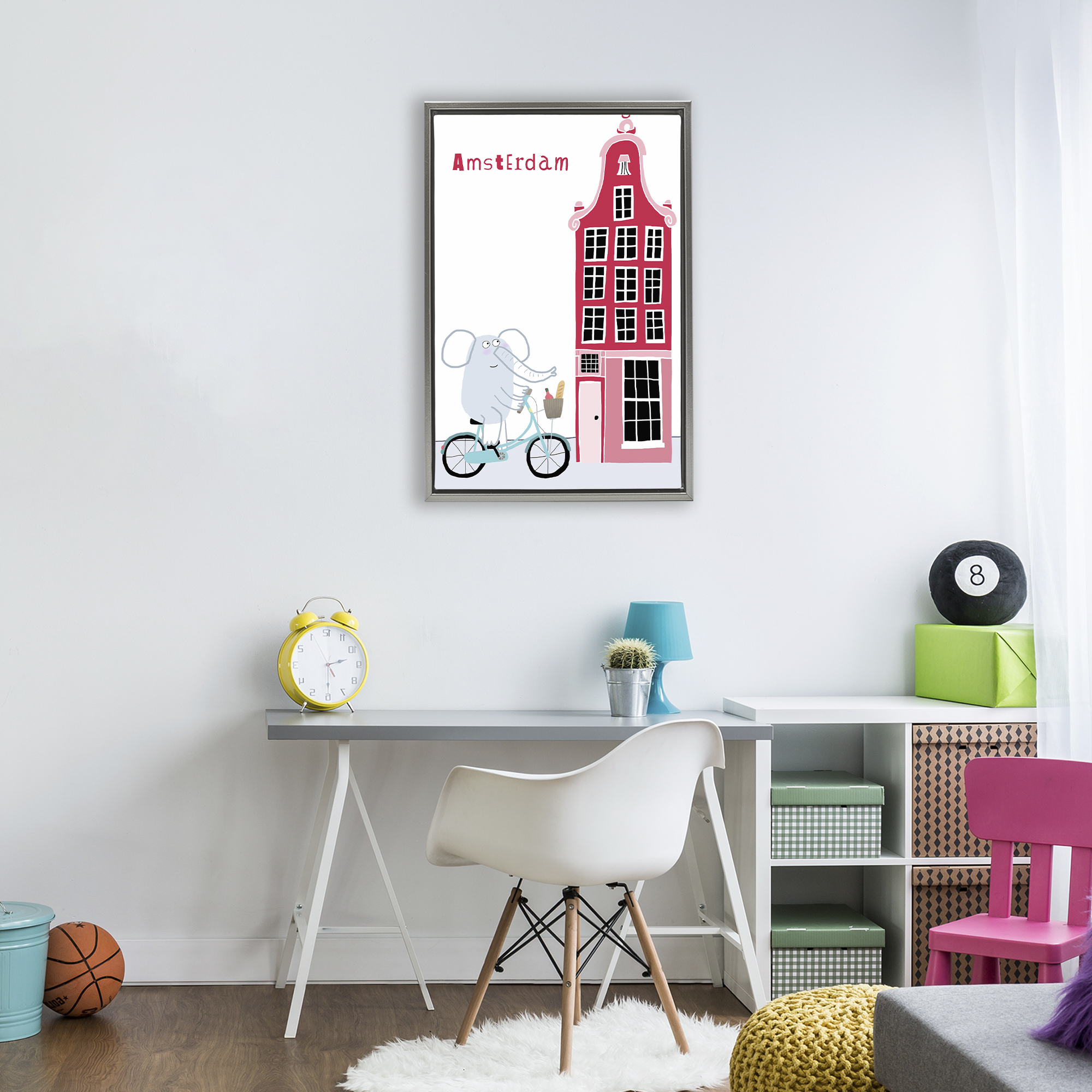 Elephant & Amsterdam Building Gray Framed Floater Canvas Wall Art, design by Carla Daly