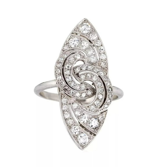 Vintage Art Deco Long Dinner Ring, Pave Set Diamond Engagement Ring, Swirl Style Ring, Antique Navette Diamond Ring, 14K White Gold Plated, 2.2 Ct Simulated Diamond, Anniversary Gift Ring For Her