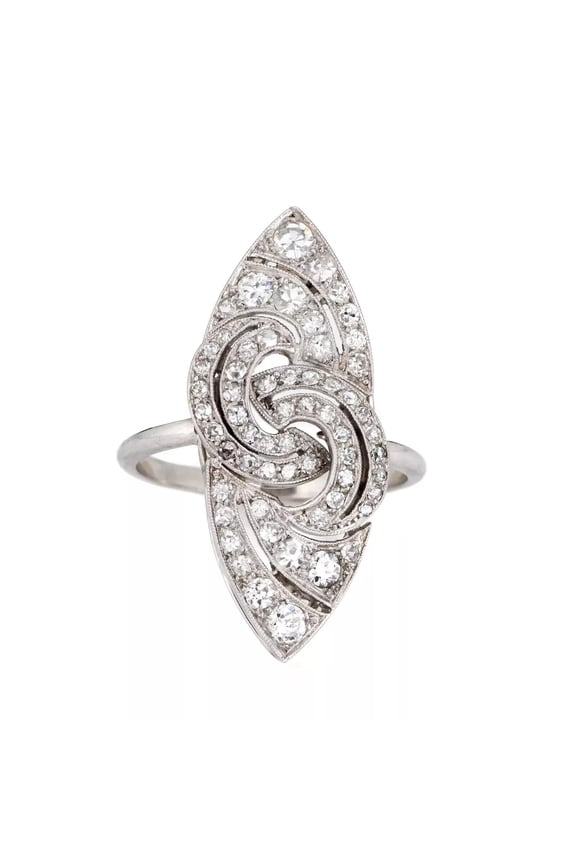 Vintage Art Deco Long Dinner Ring, Pave Set Diamond Engagement Ring, Swirl Style Ring, Antique Navette Diamond Ring, 14K White Gold Plated, 2.2 Ct Simulated Diamond, Anniversary Gift Ring For Her