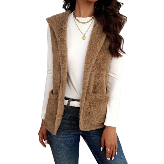 Mengpipi Women's Reversible Plush Hooded Gilet - Solid Color Fuzzy Fleece Sleeveless Jacket S-2XL