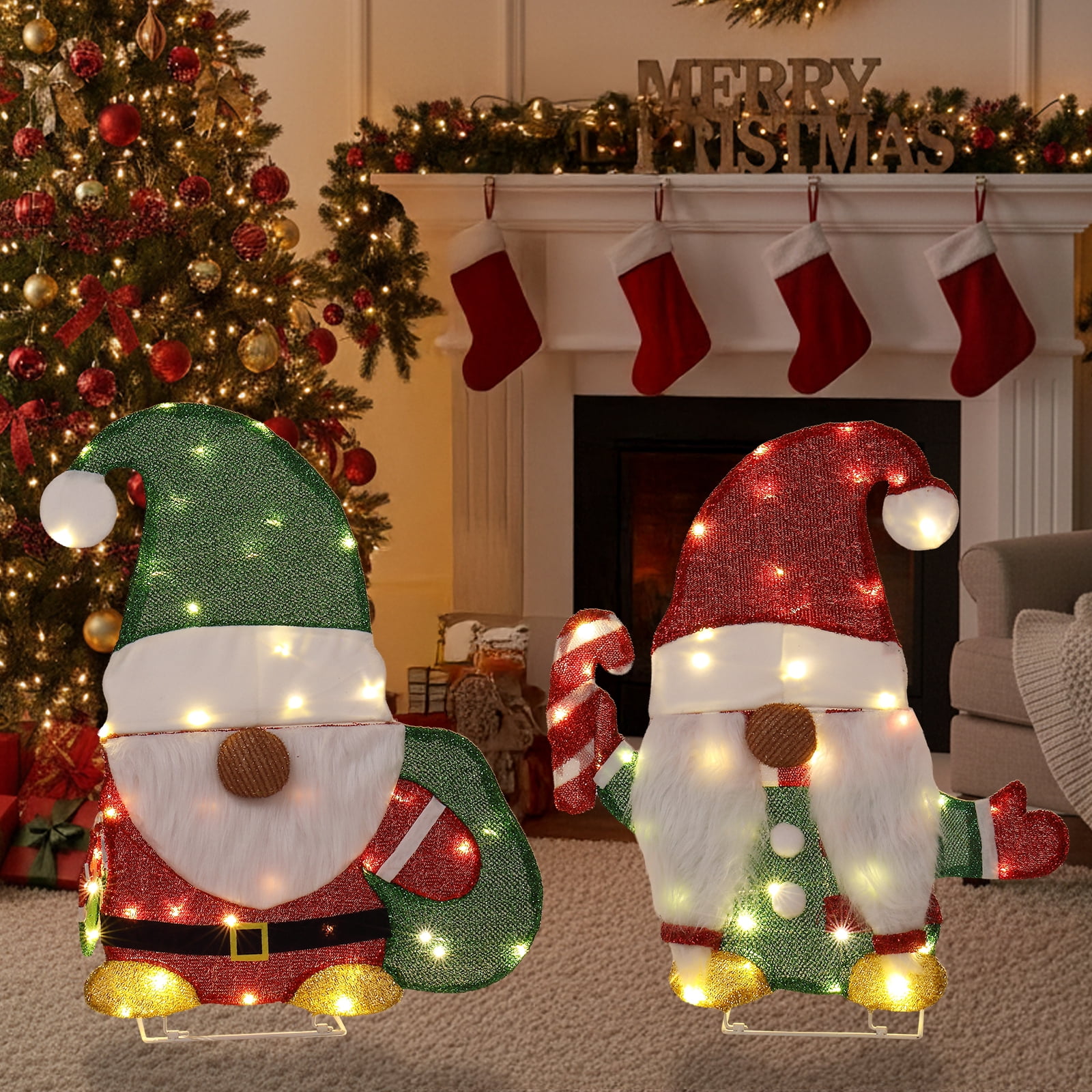 Astoutdoor Set of 2 Lighted Christmas Gnome Decorations, Pre-lit 2D Holiday Display with 80 Warm White LED Lights, Indoor Outdoor, White