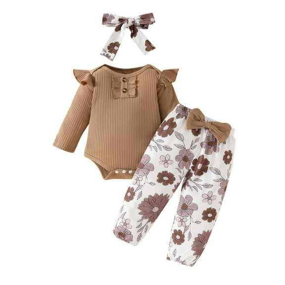 bbymog 3 Piece Girls' Clothing Sets Long Sleeve Baby Girl Romper and Pants with Headband Girls' Fashion Baby Bodysuits Fall Baby Girl Outfits Khaki B 0 Months