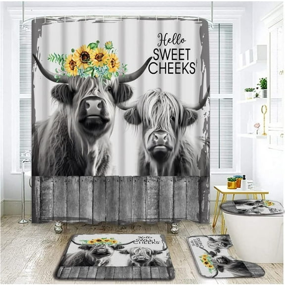 4 Piece Farmhouse Highland Cow Shower Curtain Set with Rugs, Toilet Lid Cover ,Funny Western Rustic Animal Grey Bull Cattle and Sunflower Country Barn Wooden Fence Bathroom Shower Curtain with Hooks