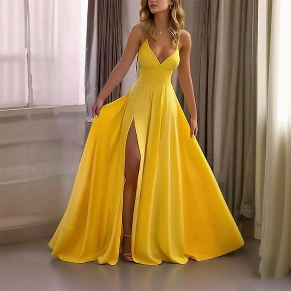 ZEHJUHAN Women's V-Neck Sleeveless Slit Maxi Sexy Back Tie A-Line Flowy Beach Dress For Summer Vacation Yellow，S