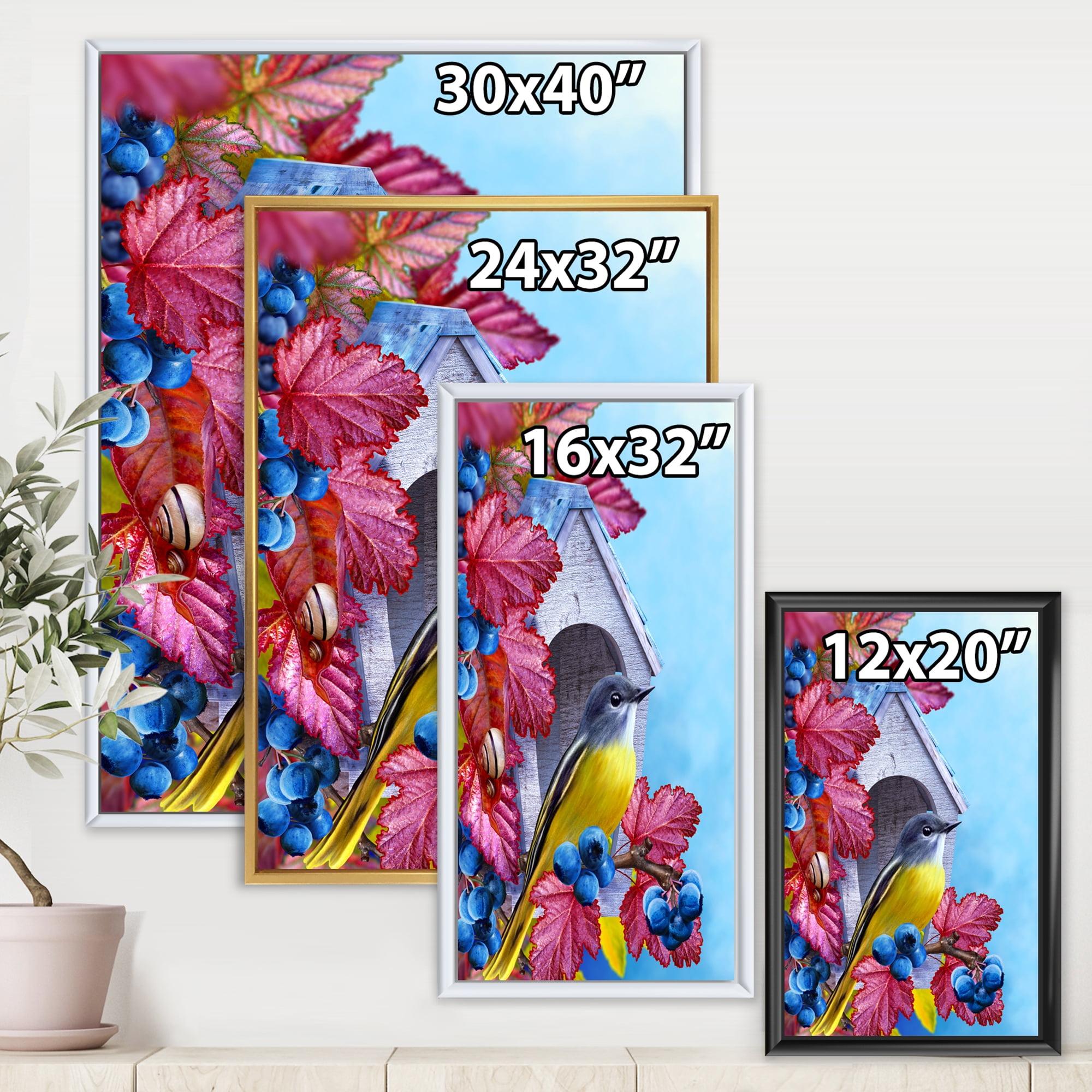 Designart 'Titmouse Bird Sitting On A Berries Branch Near A Birdhouse' Traditional Framed Canvas Wall Art Print