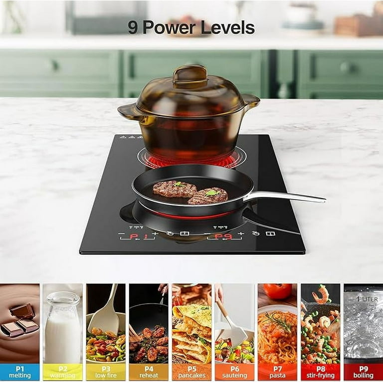 Electric Cooktop 110v Plug in 2 Burner Electric Stove Top 2100W Two Burners Electric Burner 12 inch Portable Cooktop Built in Countertop with 9