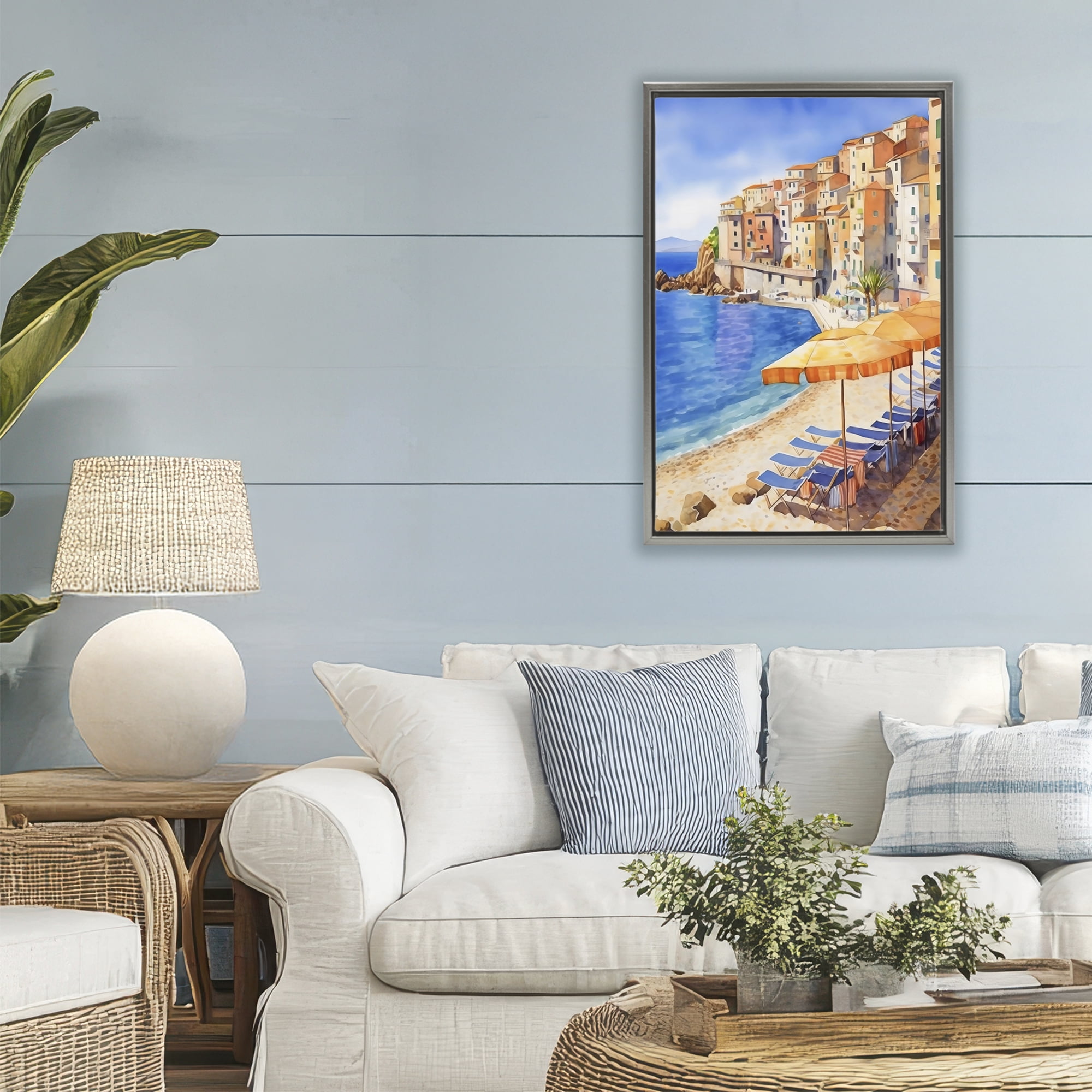 Stupell Industries Beach Lounging on Mediterranean Shore Gray Framed Floater Canvas Wall Art, design by Creative Studio