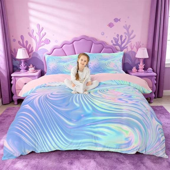 meiyoeat Blue Swirl Background Bedding,Iridescent Abstract Print Duvet Cover Full For Girl,Reversible,3pcs,1 Duvet Cover and 2 Pillowcases