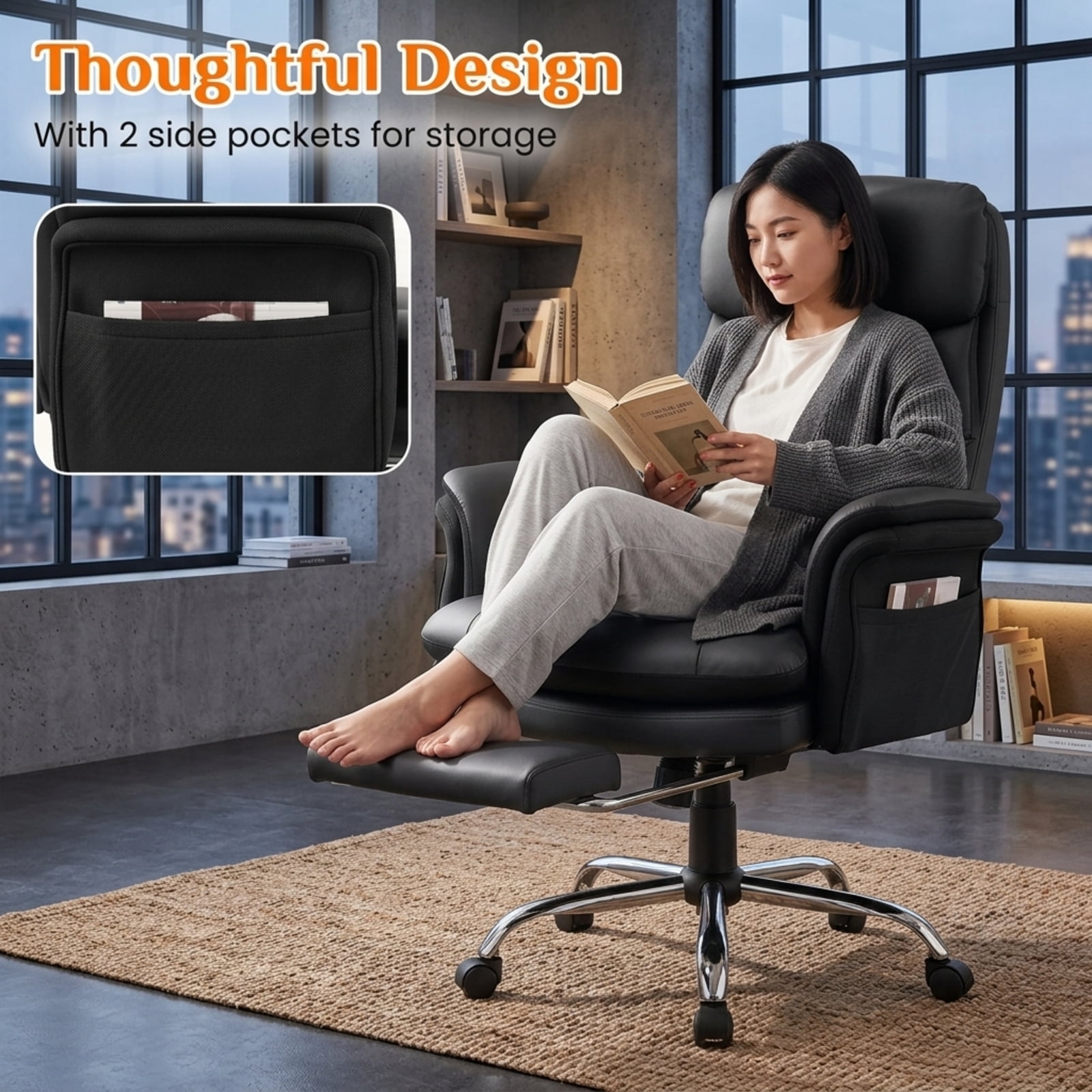 Furnibear Big and Tall Ergonomic Office Chair 400 lbs High Back Wide Faux Leather Computer Chair with Retractable Footrest, Black