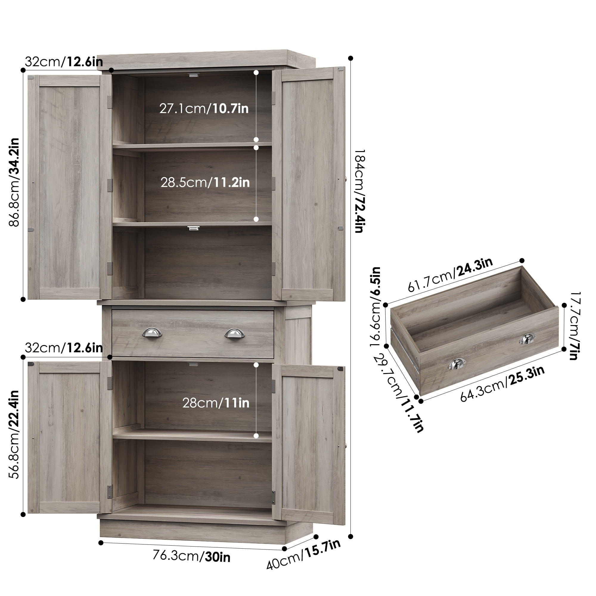 Homfa 72.4'' Tall Kitchen Pantry with 4 Doors, Large Drawer Storage Cabinet for Dining Room Living Room, Brown