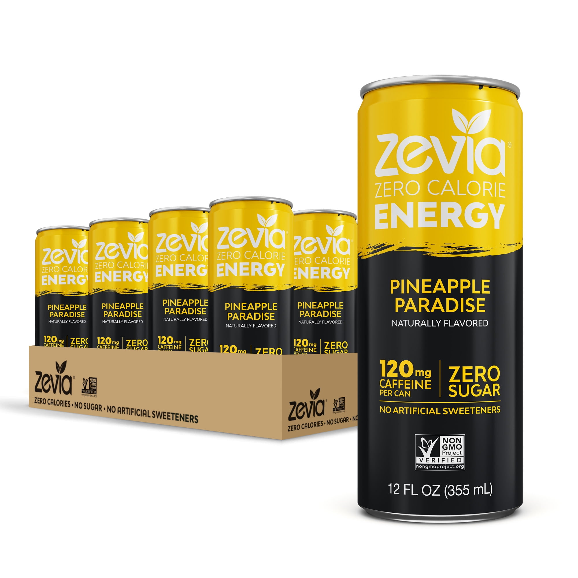 Zevia Zero Sugar Pineapple Paradise Energy Drink, 12 fl oz, 12 Pack of