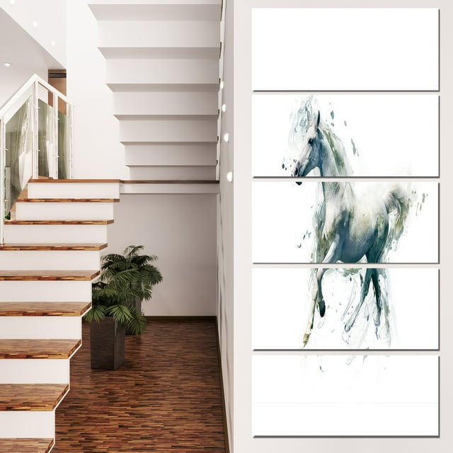 Cheval Blanc en Mouvement sur Fond Blanc - Art Mural sur Toile d'Animaux