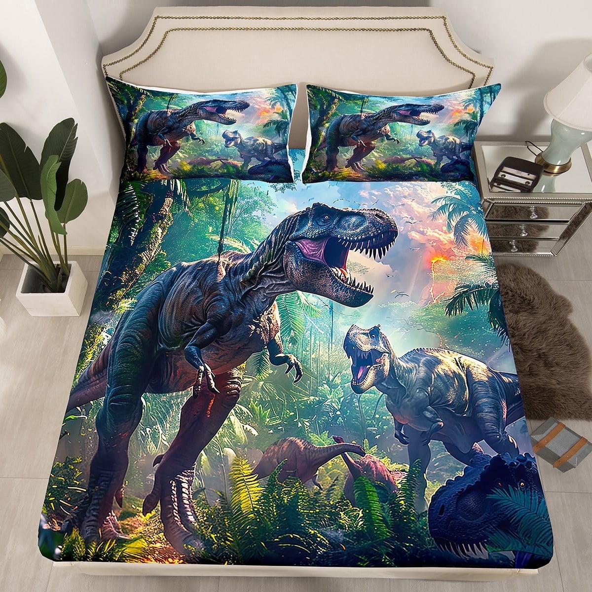 3D Realistic Dinosaur Bed Sheets ,Tropical Jungle Wild Animals Bedding Set Dino Fitted Sheet Twin,Paleontology Dinosaurios Sheets Room Decor