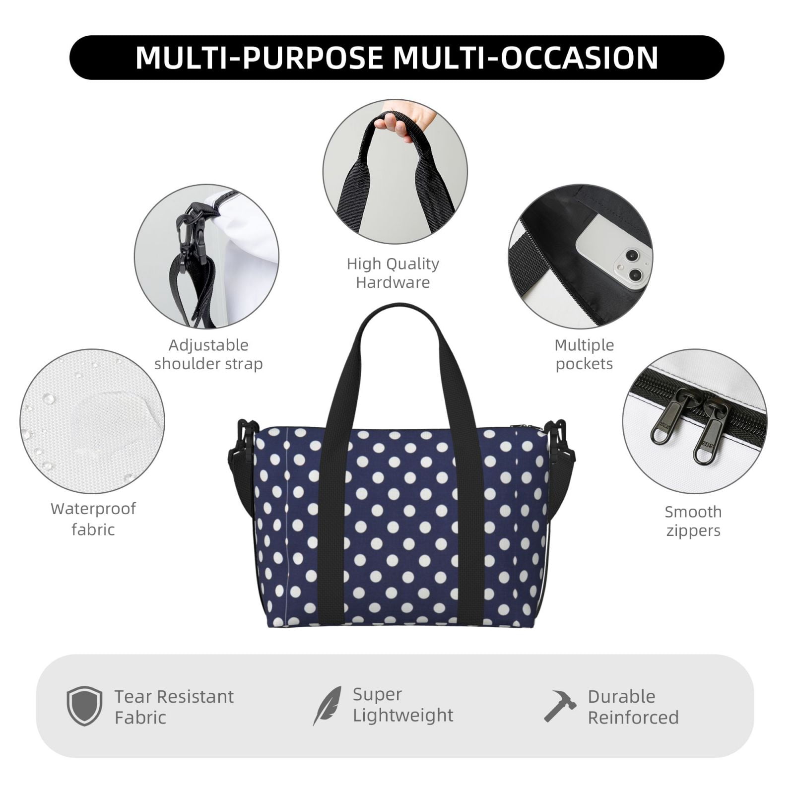 Travel Duffel Bag Polka Dot Navy Pattern Sports Tote Gym Carry On Bag Overnight Crossbody Bag For Women Men
