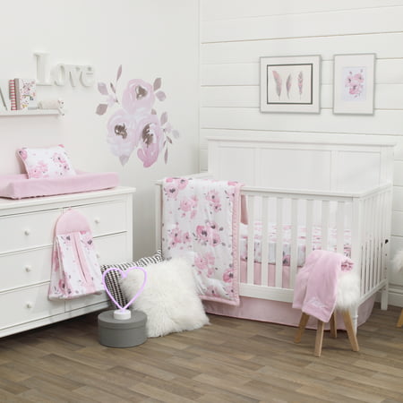 NoJo Dreamer Watercolor Floral 8pc Crib Bedding Set, Pink, Gray, Roses, Girl Nursery