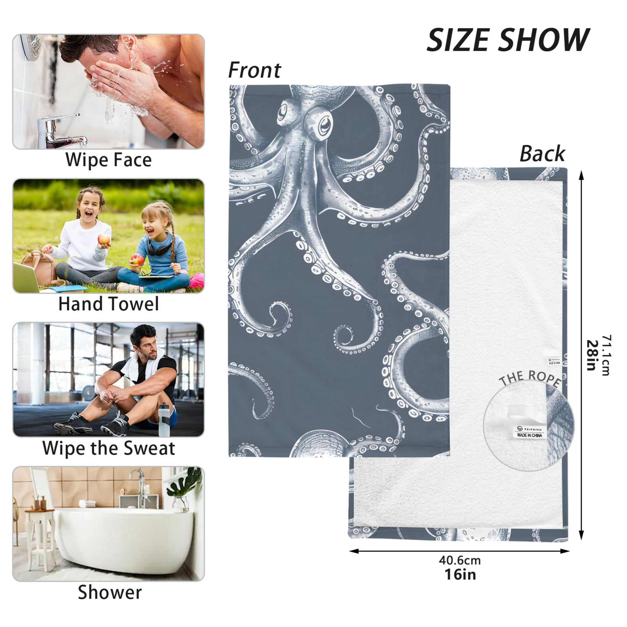 Cotton Bath Towels Soft Face Towel Absorbent Quick Dry Octopus Sketchy 16"x28" 2 Pack