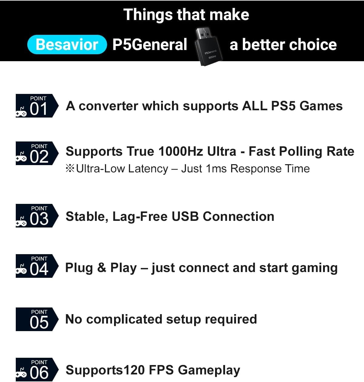 Besavior P5General Converter USB Adapter Emulator for PS5 Game - Compatible with XIM Matrix, REASNOW Converter and Various Arcade Controller to Play All PS5 Games 1000Hz Ultra-Low Lag
