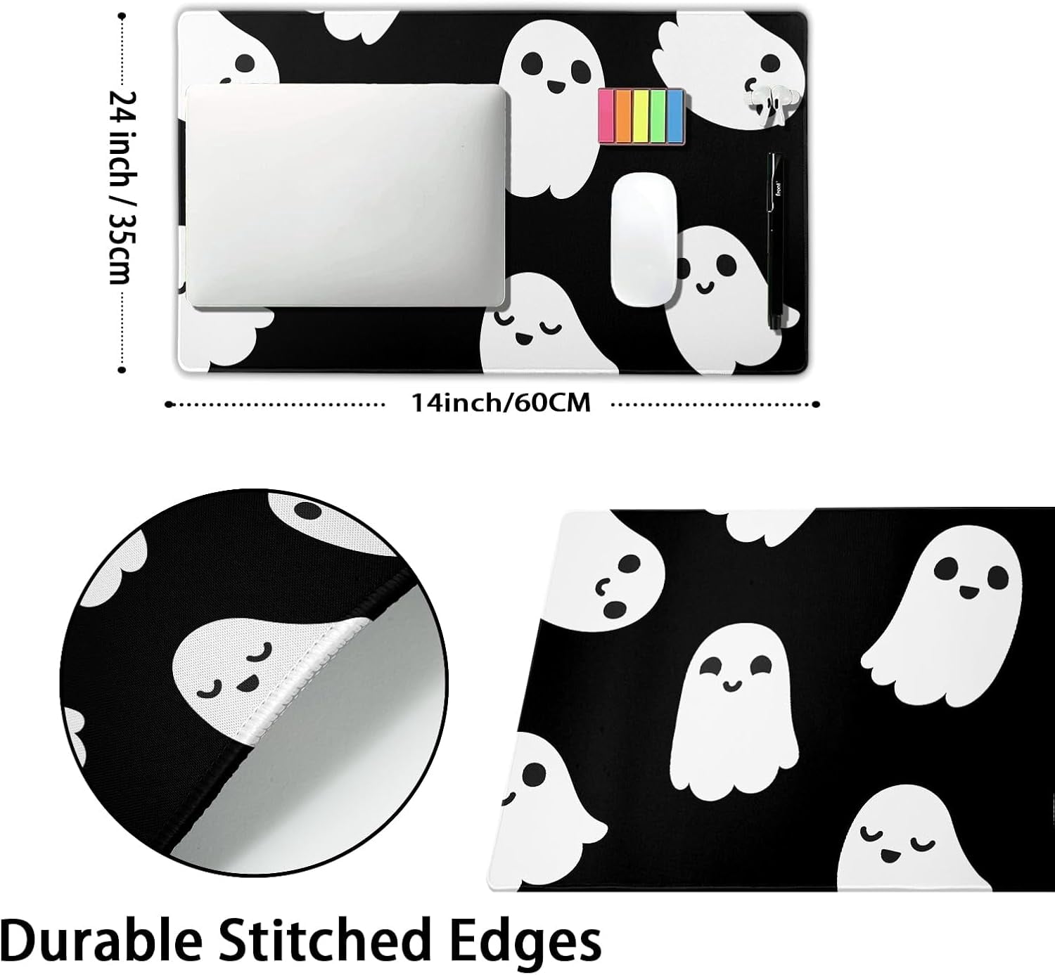 Halloween Cute Ghost Mouse Pad Large Cartoon Spooky Funny Spirit Extended Desk Mat Non-Slip Rubber Base Stitched Edge Large XL Black White Mousepad for Desk Gaming Laptop Desktop,24x14 Inch