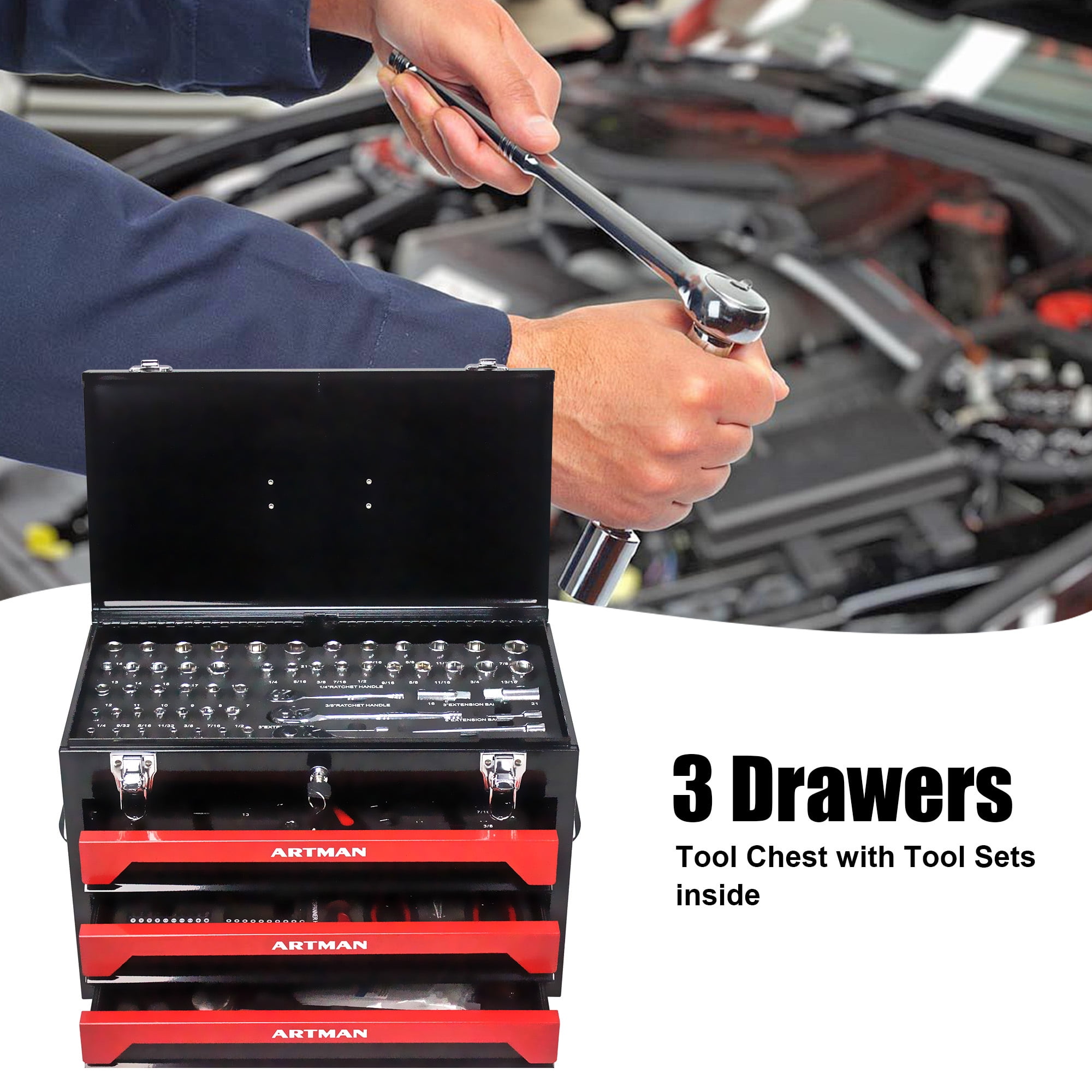 Aukfa 439-Piece Mechanics Tool Set, 3 Drawer Tool Organizer Metal Box w/ Tool Kit for Home, Auto Repair, Red