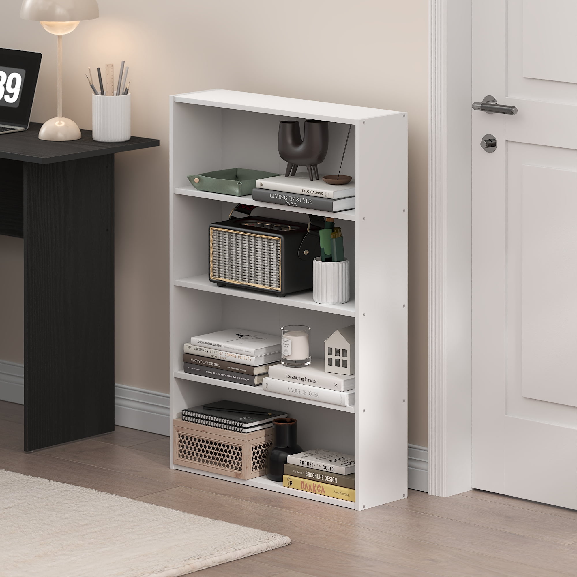Furinno Basic 4-Tier Open Shelf Bookcase, Bookshelf, Storage Organizer, 6 x 24 x 35, White