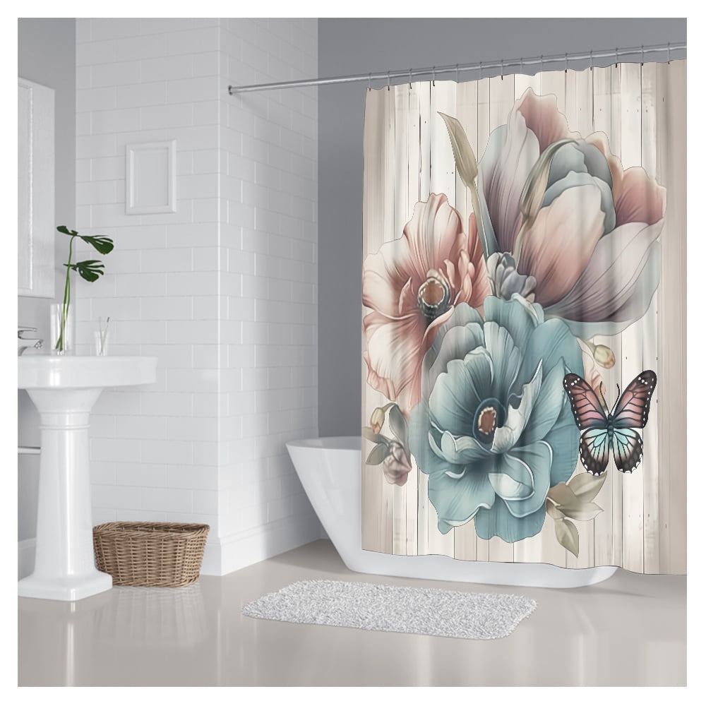 Fraigo Floral Shower Curtain Blue Flowers on Rustic Wood Board