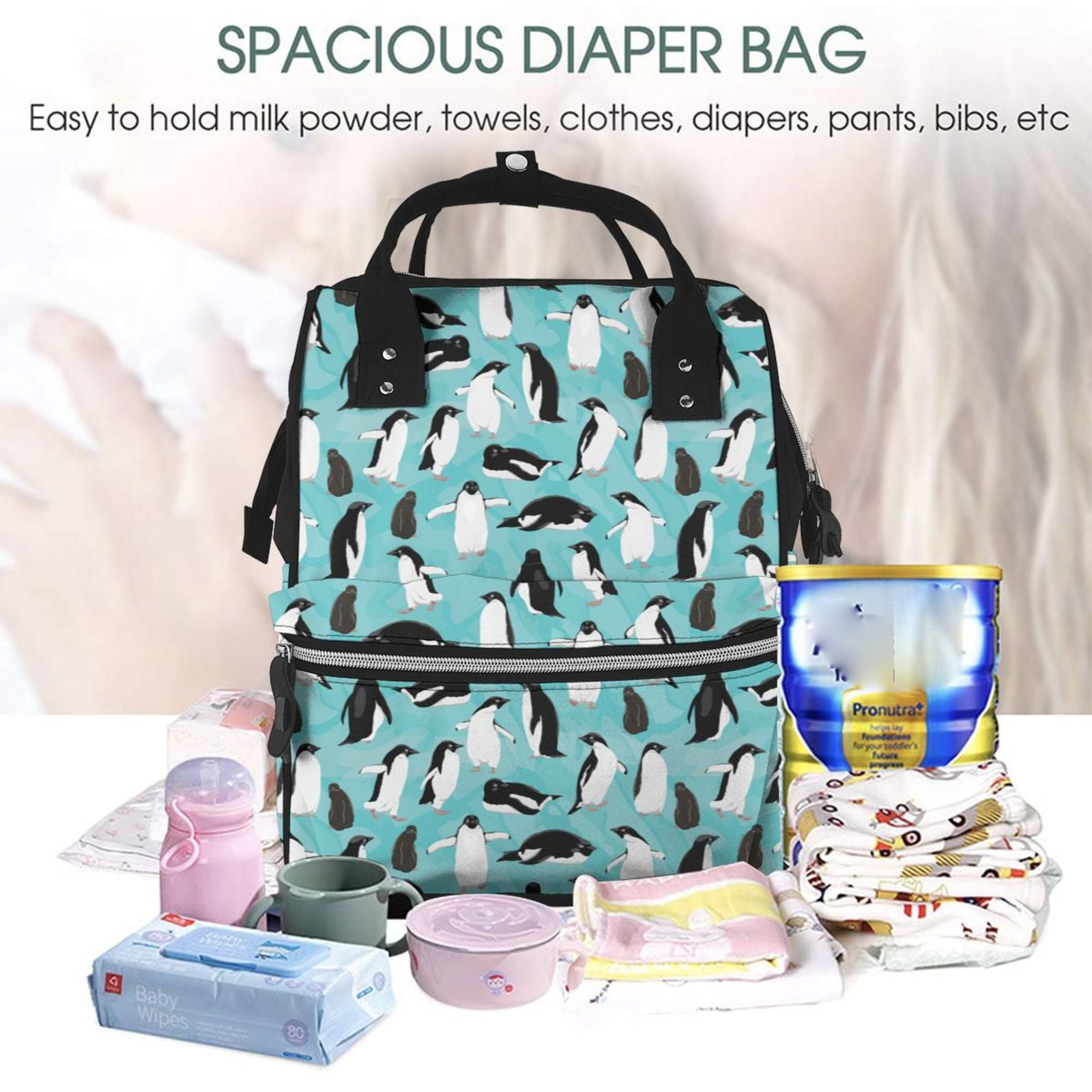 Ratiio Penguins Mummy Backpack - Waterproof Twill Canvas, Large Capacity Diaper Bag with Multiple Pockets and Adjustable Straps
