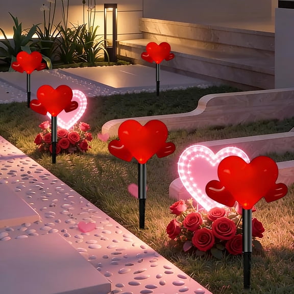 Rirozkan Valentine's Day Solar Lights, Outdoor LED Lights, Set of 5 Heart Shape Stakes, for Garden Pathway Yard Decor