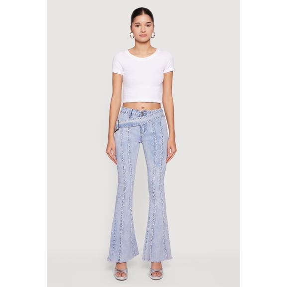 Women's Acid Wash Belted Front Frayed Flare Jeans