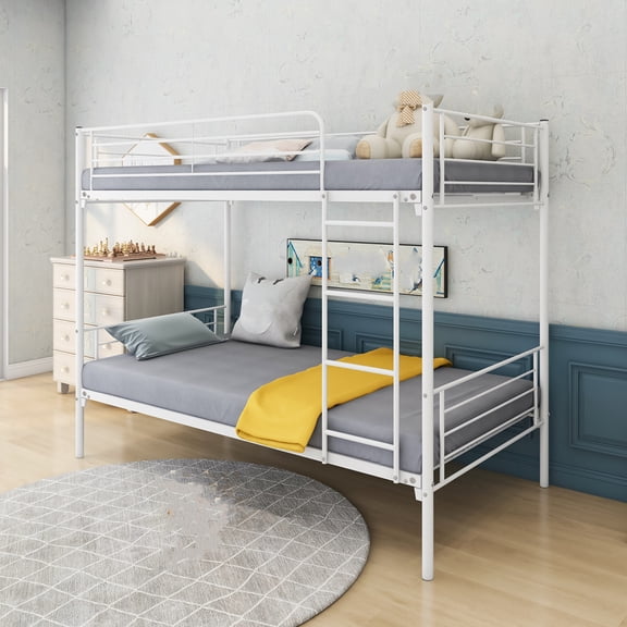 Nmkwnr Twin-over-Twin Bunk Bed with Metal Frame and Ladder, White