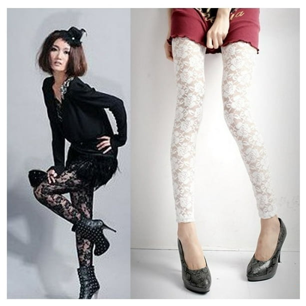 Wetlook leggings with lace and red accent
