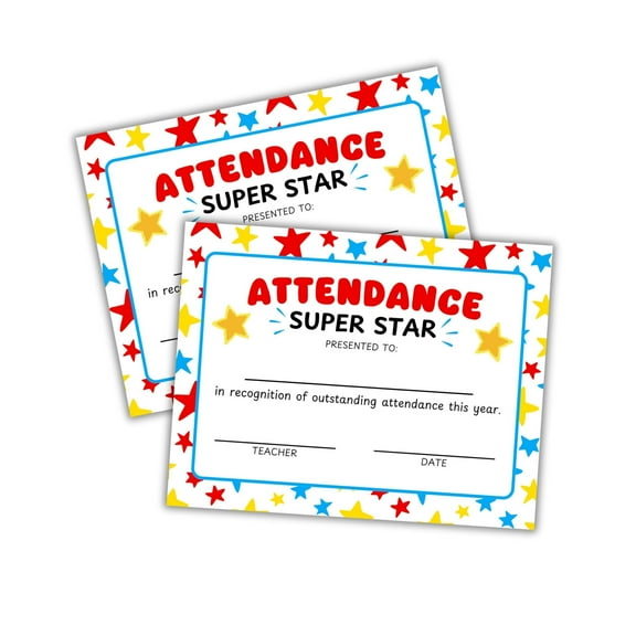 Outstanding Attendance for The Year Certificate 30pk 8.5x11 Perfect Award End of The School Best Punctuality Elementary School VBS Sunday Stars Yellow Blue Red