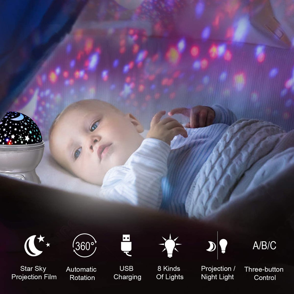 Rotating Sun And Star Moon projector rotating night Light Lamp for kids to  sleep 4 LED Bead 360 Degree Romantic Rotating Night Sky Cosmos Star  Projector for Christmas And Toy Gift 