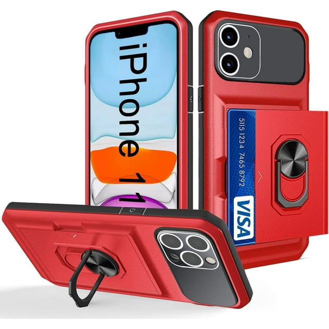 AmPm iPhone 11 Case Military Shockproof with Sliding Card Slot Magnet Rotatable Kickstand Ring Holder Protective iPhone 11 Phone Case (Blue)