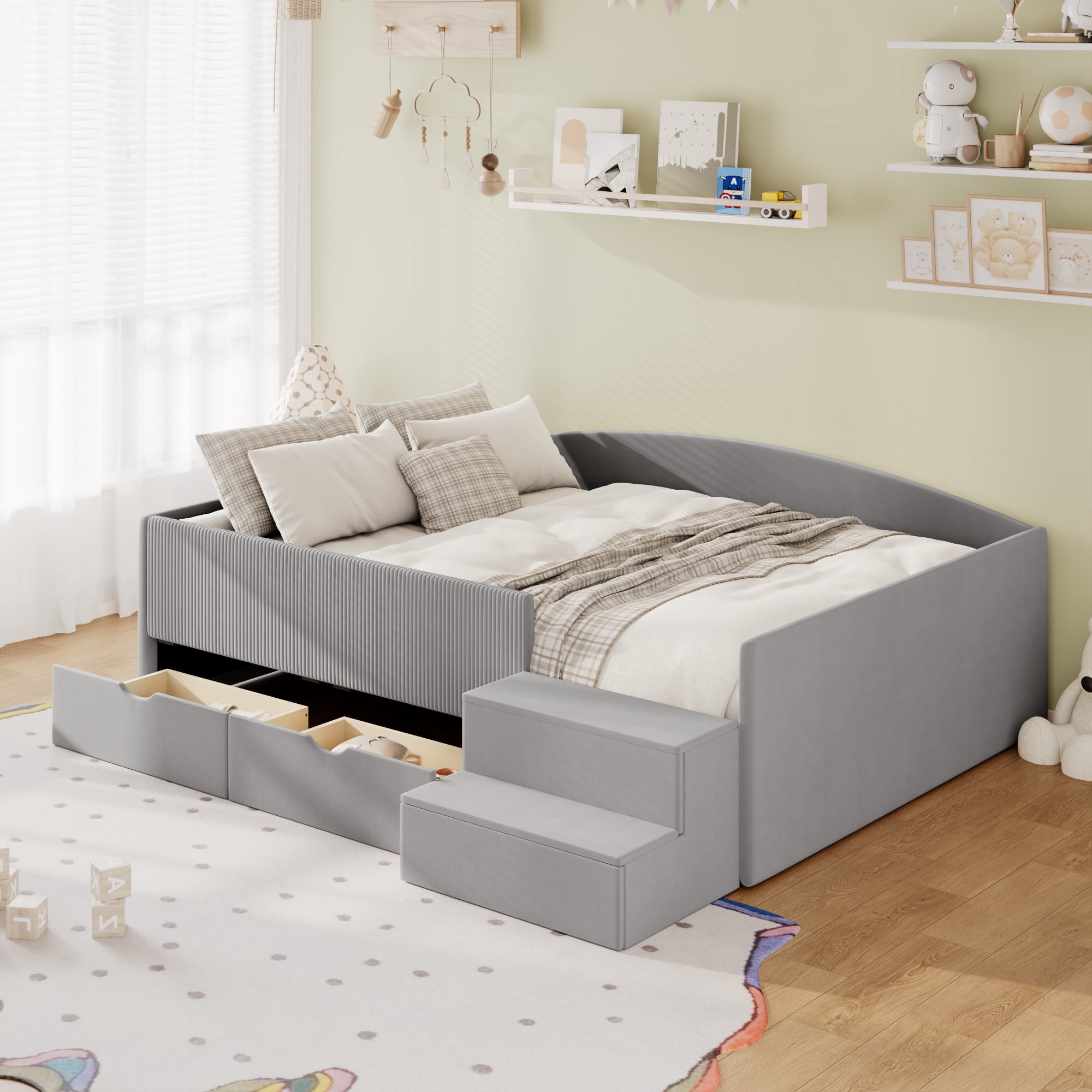 Mintazer Full Size Cute Upholstered Floor Daybed Frame with Safety Guardrail & 2 Storage Drawers & Stairs for Teens Kids, Gray