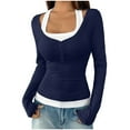 thumbnail image 2 of UQJfacai Womens Long Sleeve Henley T-Shirts Button Ribbed Knit Scoop Neck Slim Fitted Basic Crop Tops Blouse Patchwork Y2k Clothes, 2 of 6